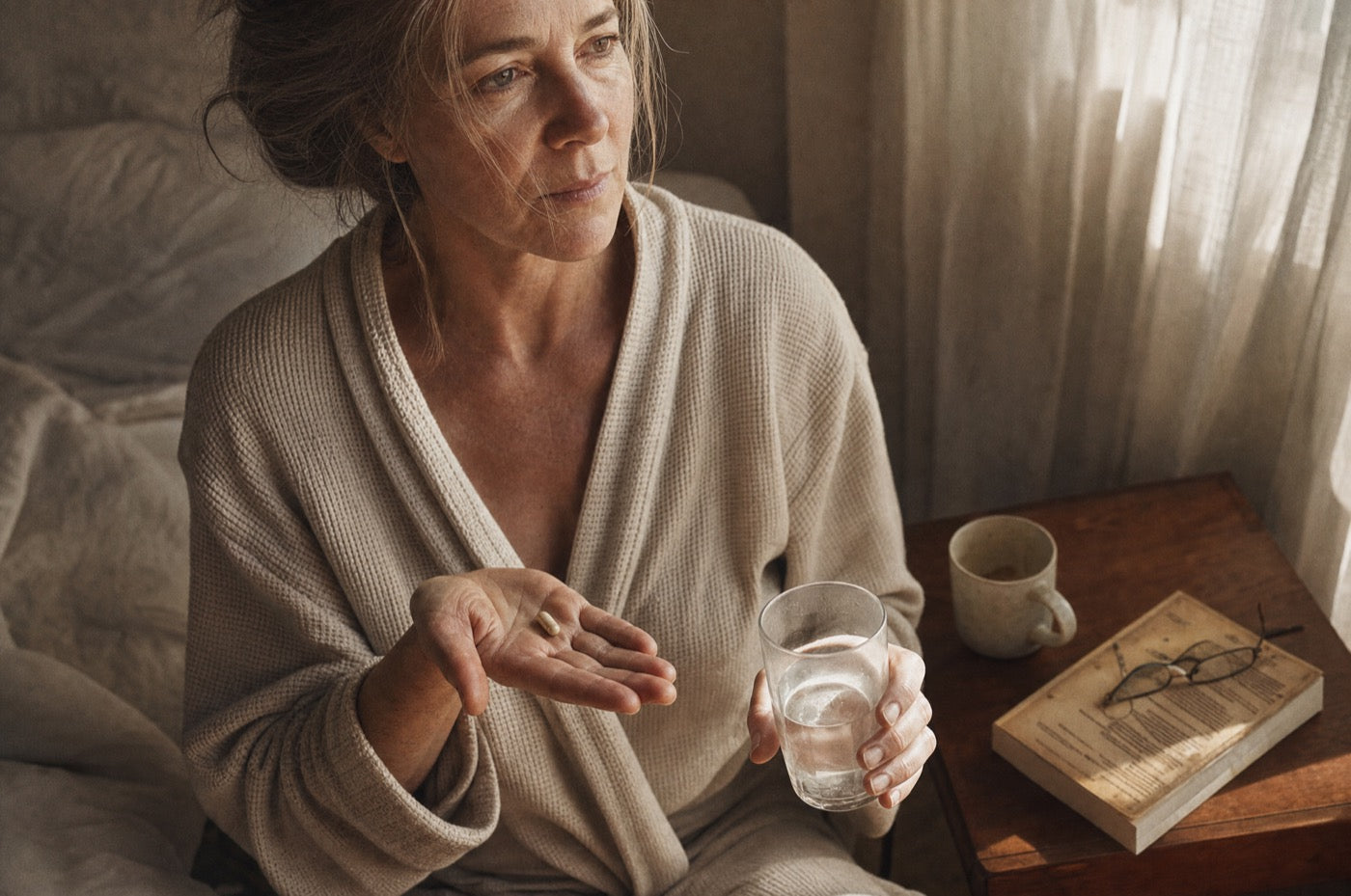 A woman taking Steadwell with water at her kitchen counter